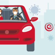 Man and woman in a car with masks